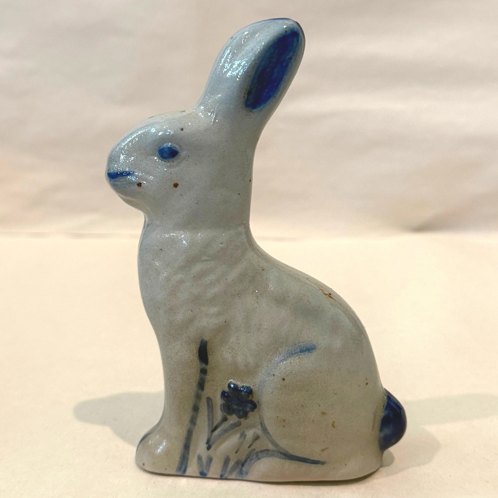 Eldreth Pottery Salt Glazed Rabbit Figurine Blue Floral Motif Signed Stoneware